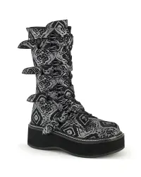 Emily Black and Silver Print Bat Buckled Boots