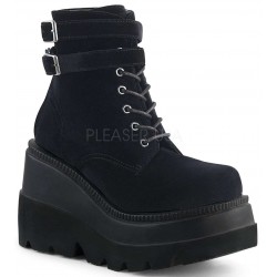 Shaker 52 Black Velvet Stacked Wedge Ankle Boots