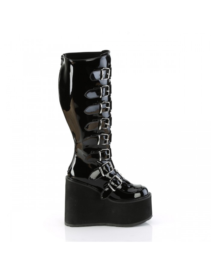 Swing Wide Calf Black Patent Platform Knee Boot for Women