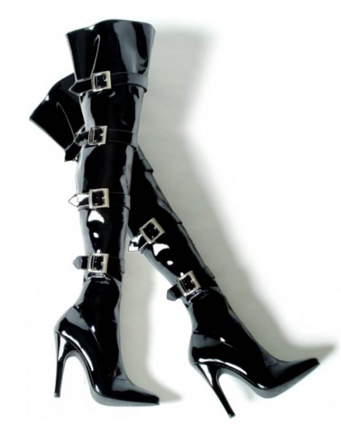 black patent thigh high boots