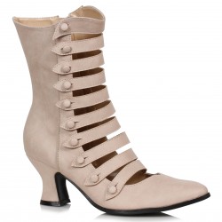 Victorian Open Front Low Heeled Ankle Boots - Beige