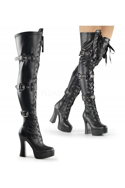 Electra Black Buckled Thigh High Platform Boots