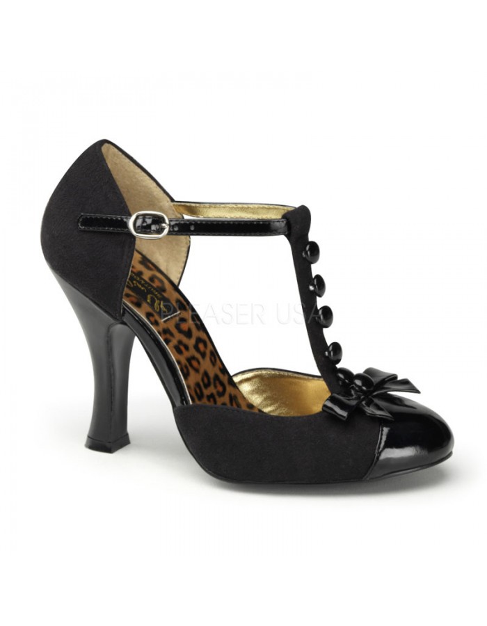 Button T-Strap Black Suede Pump | Vintage Style Shoes for Women