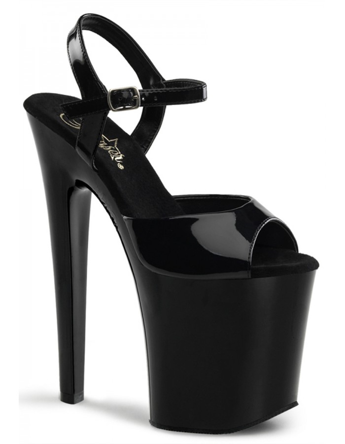 Xtreme Black Platform Sandal with Peep Toe and 8 Inch Heel